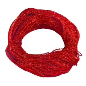 Red metallic tinsel stems detail close up view, craft wire ribbon for DIY Christmas decor