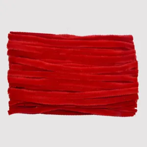 Red fuzzy pipe cleaners bendable stems craft supplies for DIY handmade art projects.