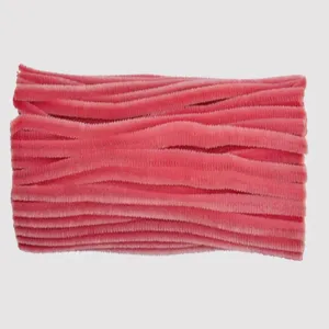 Pink chenille stems close-up, flexible craft pipe cleaners for DIY handmade art projects.