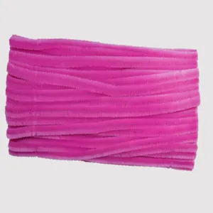 Detailed close-up shot of vibrant pink fuzzy chenille stems, showing soft texture and fine crafts.