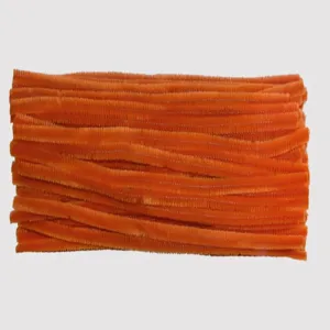 Orange fuzzy wire pipe cleaners detail shot, flexible craft stems for DIY handmade projects.