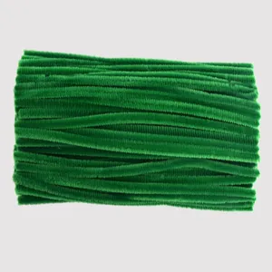 Green pipe cleaners detail view, fuzzy wire craft stems for DIY handmade art projects.