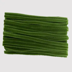Green chenille stems detail closeup, soft pipe cleaners for DIY crafts and handmade art projects.