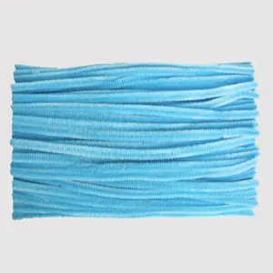 Detailed view of light blue pipe cleaners fuzzy wire bundle for DIY craft projects.