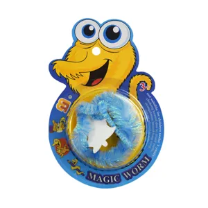 Colorful magic worm toy with blister card packaging, funny fuzzy creeping novelty item.