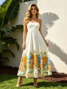 Women's Pastoral Style Floral Print Suspender Maxi Dress Sweet High Waist Vacation Sleeveless A-Line Long Dress For Summer
