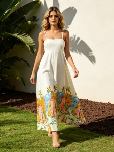Summer floral print camisole maxi dress for women, casual high waist long vacation dress.