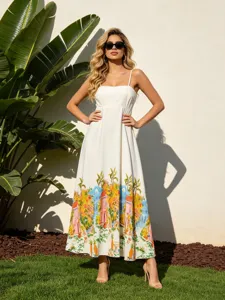 Women white camisole maxi dress summer resort style floral printed high waist long dress