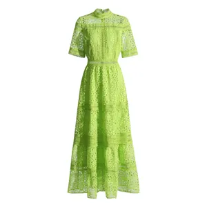 Robe midi été vert néon en dentelle brodée col montant manches courtes style élégant