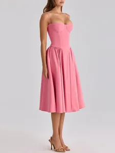 Rosa Spaghettiträger Midikleid, französisches Vintage Korsett Tailliertes Kleid für Damen.