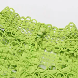 Gros plan des détails du col et de la fermeture éclair de la robe brodée en dentelle vert citron.