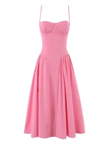 Rosa Spaghettiträger Midikleid für Damen, elegantes Sommer Korsett Kleid für Freizeit Partys.