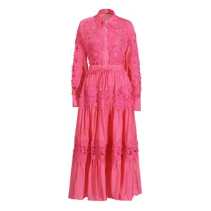 Conjunto de verano para mujer con camisa de manga larga bordada y falda con cordón.
