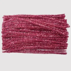 Detail view of sparkly metallic red pipe cleaners chenille stems for DIY craft projects.