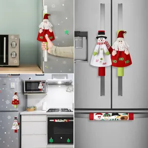 Christmas refrigerator handle covers set, festive Santa and snowman kitchen appliance decor.