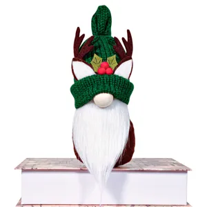 Christmas gnome plush doll with knitted bent hat and reindeer antlers for holiday home decor details