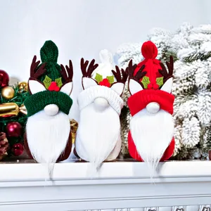 Christmas gnome plush dolls with knitted hats and reindeer antlers for holiday decor.