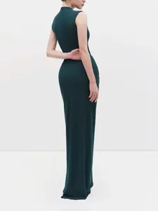 Dark green sleeveless mock neck maxi dress, elegant slim fit design for summer events.