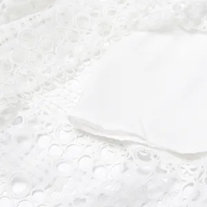 Vue détaillée du tissu de broderie en dentelle blanche et de la doublure lisse pour robe