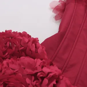 Gros plan détaillé d'une robe corset vintage rouge avec des fleurs en filet 3D.