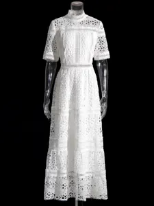 Robe mi-longue élégante en dentelle blanche brodée, style rétro français col montant pour femmes