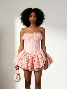 Robe Bouffante Bustier Vintage Français pour Femmes Élégant Corset Coupe Ajustée Mini Robe de Soirée Décoration Fleurs 3D Été