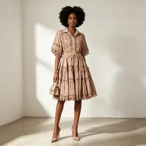 Elegant vintage lace shirt and tiered skirt set for women, chic summer short sleeve outfit.