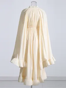 Robe longue vintage style cape manches longues plissée à volants élégante pour femme.
