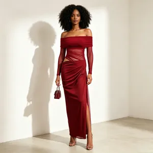 Elegant burgundy off-shoulder long sleeve mesh maxi dress with side slit for women summer.