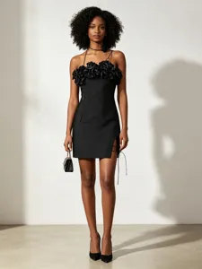 Elegante Vestido Corto Ajustado Con Cuello Halter Y Abertura Mini Dress Con Flor 3D Sin Mangas Verano Mujer Fiesta Gala