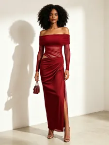Women Sexy Off Shoulder Long Sleeve Sheer Mesh Bodycon Maxi Dress Pleated Solid Color Evening Party Long Dress