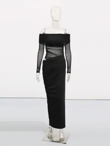 Elegant black off shoulder long sleeve mesh sheer bodycon maxi dress for women summer wear.