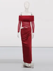 Sexy off shoulder long sleeve mesh bodycon dress solid color ruched summer maxi dress