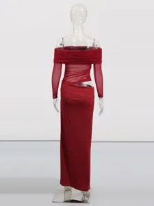 Sexy off-shoulder long sleeve mesh see-through bodycon long dress for women in red.