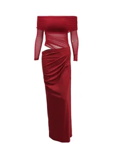 Sexy off-shoulder long sleeve mesh see-through bodycon long dress for women summer wear.