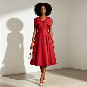Elegant retro midi dress with bow detail V-neck high waist sleeveless red summer women's wear
