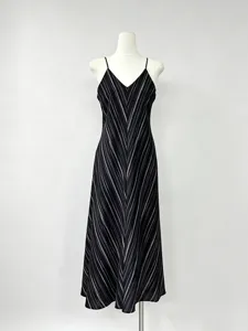 Minimalistische gestreepte spaghettiband maxi jurk, zomerse chiffon lange jurk met V-hals voor dames