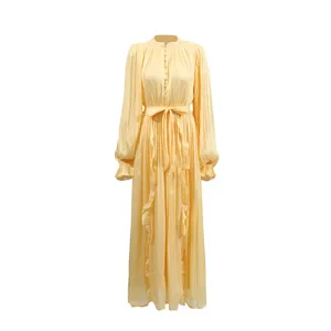 Robe longue vintage française à manches longues pour femmes, élégante robe plissée jaune vif.