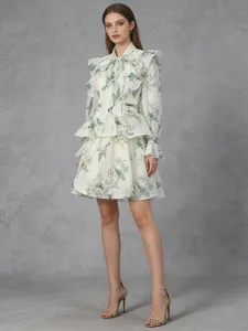 Light cyan bird floral long sleeve ruffled mini dress, retro forest style casual party wear.