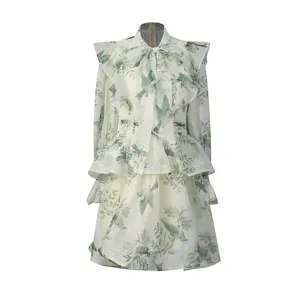 Light cyan bird print ruffled long sleeve dress, retro tie neck a-line summer dress for women.