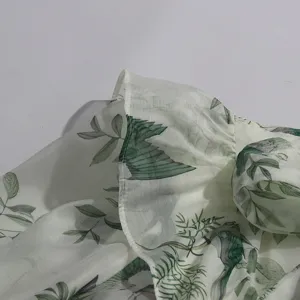 Light green bird botanical print ruffled fabric detail for women dress elegant summer style