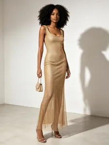 Robe Longue Nuisette Sexy à Paillettes et Strass pour Femme Col Carré Dos Nu Coupe Ajustée Longue Robe de Soirée et de Fête