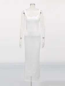 Robe longue en résille strassée blanche, sexy robe moulante à bretelles pour femmes.