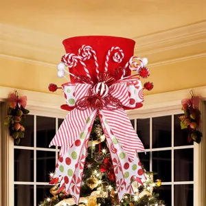 Red Velvet Christmas Tree Topper Hat With Candy Cane Bowknot Polka Dot Ribbons Festival Home Decor Christmas Ornament Hat