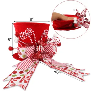 Christmas tree topper red velvet top hat with candy cane and bow for holiday home decor.