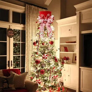 Christmas tree topper hat red plush candy cane bow for holiday home decor ornaments