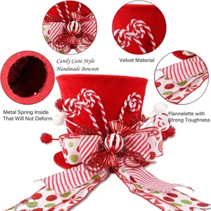 Detail view of red velvet Christmas tree top hat showing candy cane bow and metal spring structure.