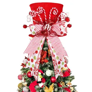 Christmas tree topper red velvet top hat with candy canes and bow holiday home decor