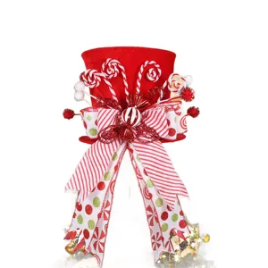Christmas tree topper red velvet top hat with candy canes and large bow holiday decor for tree top