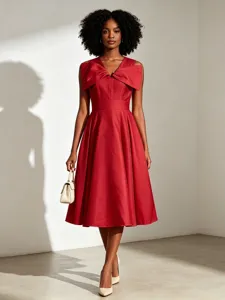 Elegant Vintage Palace Style Women's Midi Dress V-Neck Short Sleeve Slim Fit Solid Color Ruffle Hem Long Dresses Summer